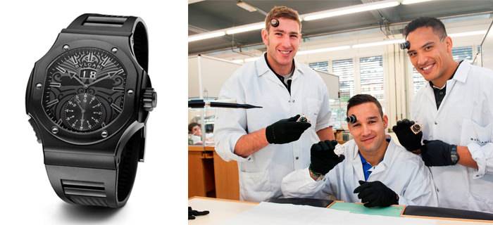 Izquierda: Bulgari Endurer Chronosprint All Blacks Watch - Derecha: Luke Romano, Tamati Ellison & Hosea Gear