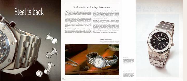 El Audemars Piguet Royal Oak fue pionero en el uso del acero inoxidable en relojes de lujo finos, y este artículo de 1995 establece astutamente la conexión entre ese reloj original y el nuevo Royal Oak Offshore.