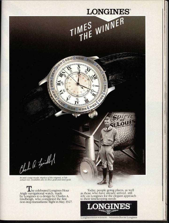 An advertisement that appeared in Europa Star in 1989, for the reissue of the famous Lindbergh Hour Angle Watch, which is still available today.