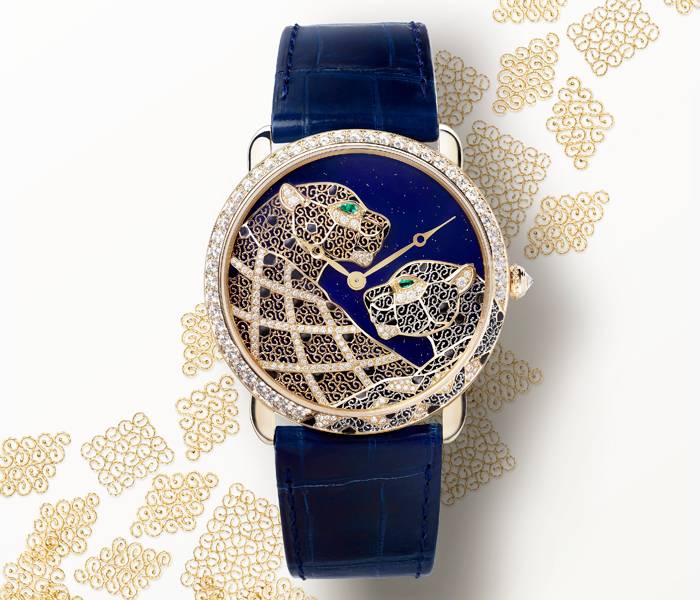 Reloj Ronde Louis Cartier XL, motivo de panteras en filigrana