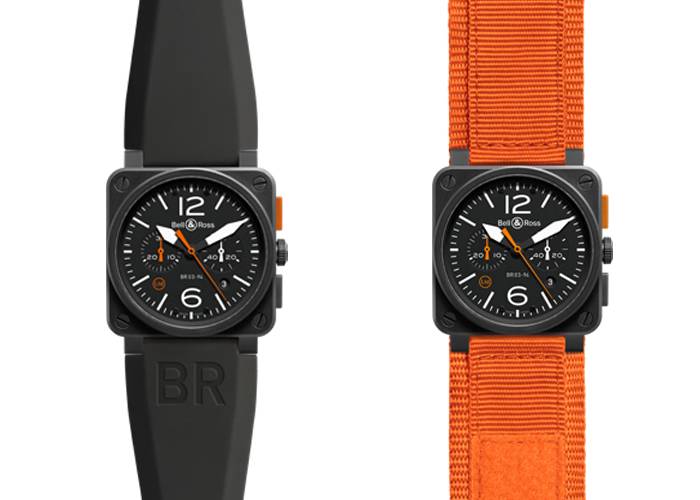 BR 03-94 Carbon Orange - Izquierda: Correa de caucho negro, Derecha: Correa de tela naranja