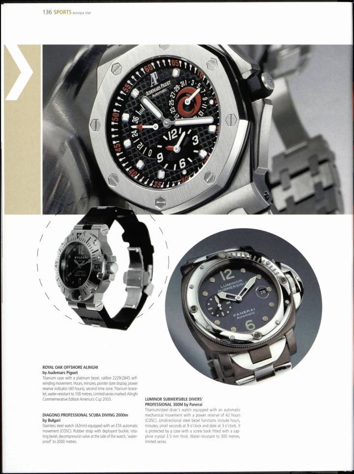 Esta característica de 2003 muestra el modelo Royal Oak Offshore Alinghi, apropiadamente llamado así por el innovador equipo de vela, el primero en ganar la Copa América en su debut en este deporte ese año. La cobertura también presenta relojes deportivos competidores de Bulgari y Panerai que reflejan las tendencias que inspiraron el original 20 años antes.