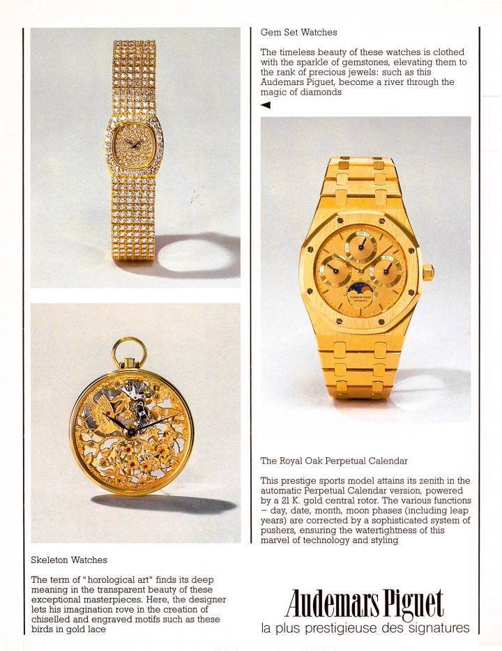 Una página dedicada a los relojes de oro Audemars Piguet en una edición de 1985 de Europa Star
