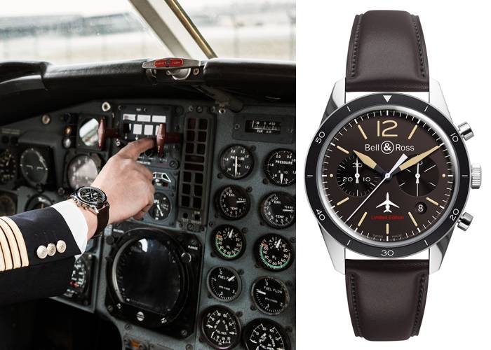 Izquierda: Piloto llevando un BR 126 Falcon - Derecha: El nuevo BR 126 Chronograph de Bell & Ross