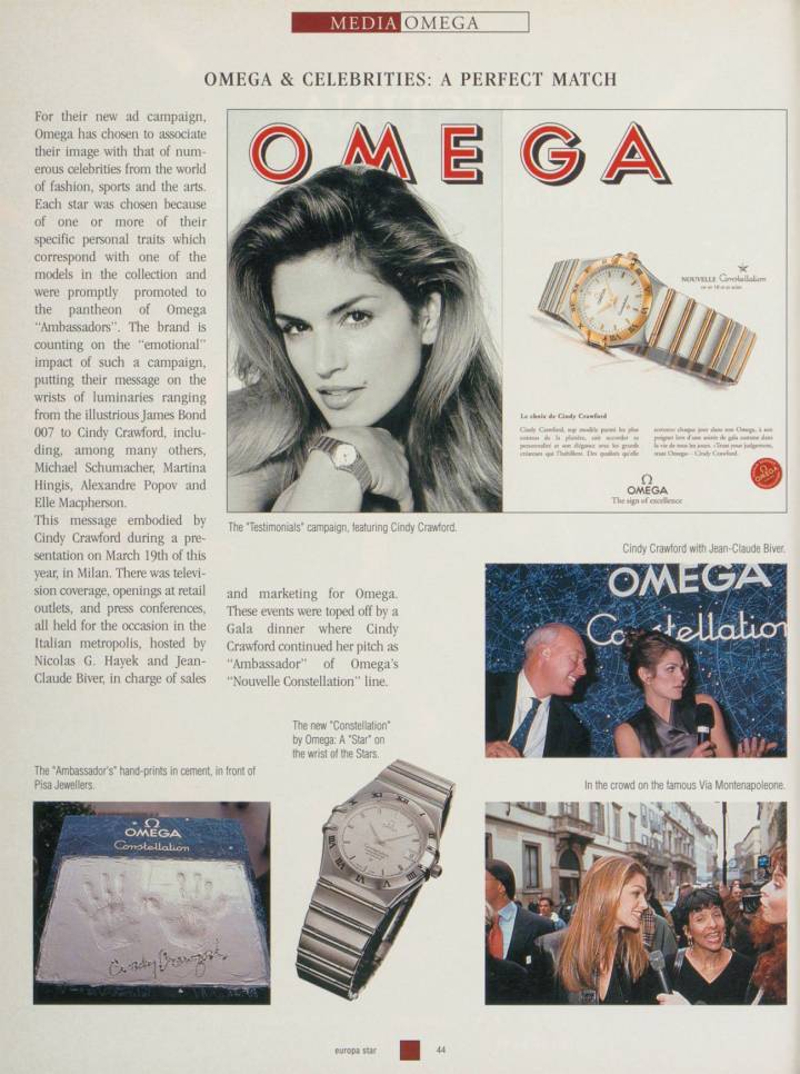 Cindy Crawford, como apareció en Europa Star en 1996. El “efecto Cindy Crawford” fue inmediato y de gran alcance, y un tal Jean-Claude Biver tuvo mucho que ver con él.