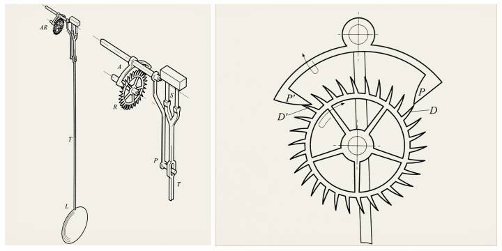 William Clement (1620-1713): escape de péndulo y ancla para un reloj. Uno de los primeros ejemplos de la construcción de la rueda de escape y la horquilla de paleta que se encuentra en los escapes separados que equipan prácticamente todos los relojes mecánicos en la actualidad. Páginas 36-38.