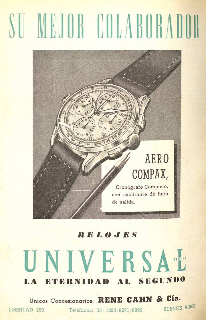 Publicidad antigua del Universal Genève Aero-Compax de una edición de 1947 de Europa Star
