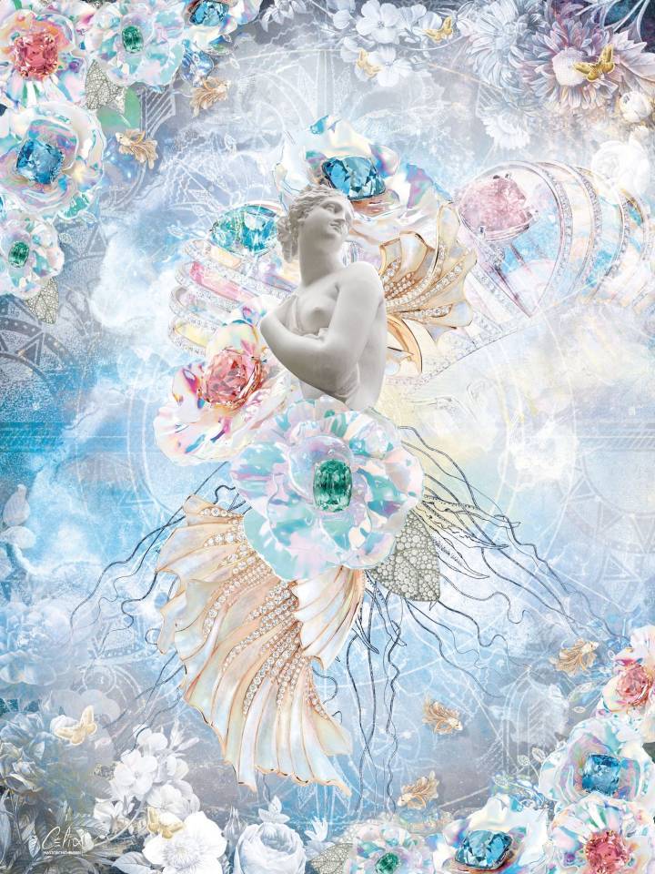 El collage de la artista Célia Martorchio-Fabbri representa a Flora, la diosa de la primavera. La belleza de la naturaleza se sublima con el uso de joyas.