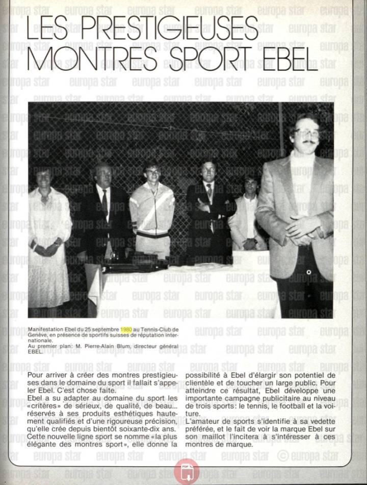 Un artículo sobre los relojes deportivos Pierre-Alain Blum y Ebel, publicado por Europa Star en 1980.