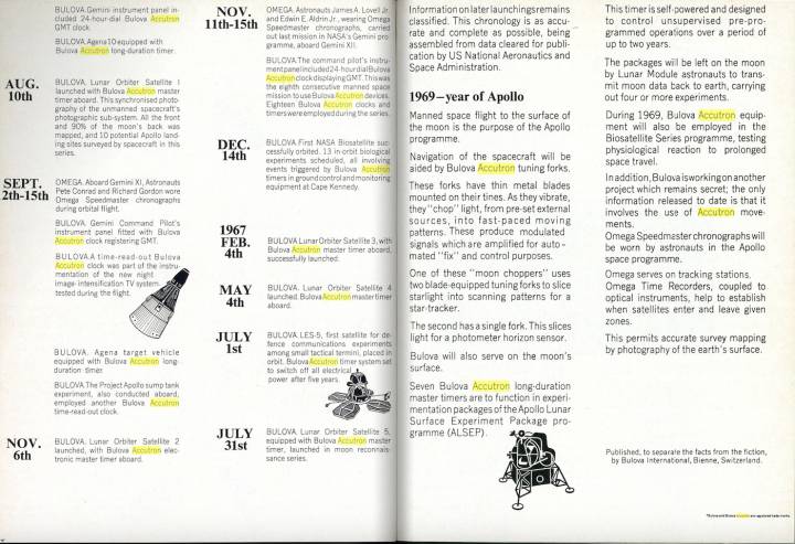 Una línea de tiempo que distingue la realidad de la ficción sobre la participación de Bulova Accutron en el período previo al programa espacial Apolo, tal como se publicó en la edición antigua de 1968 de Europa Star, disponible en sus ediciones para Europa, América Latina y Asia.