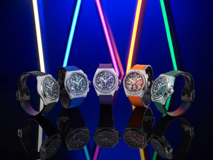 Cada versión de la serie Defy 21 Spectrum presenta un bisel engastado con 44 piedras preciosas de talla baguette, con movimientos de colores a juego y correas de goma: tsavoritas verdes para la edición verde, zafiros naranjas para la edición naranja, zafiros azules para la edición azul, amatista granates para la edición violeta y espinelas negras para la edición negra.