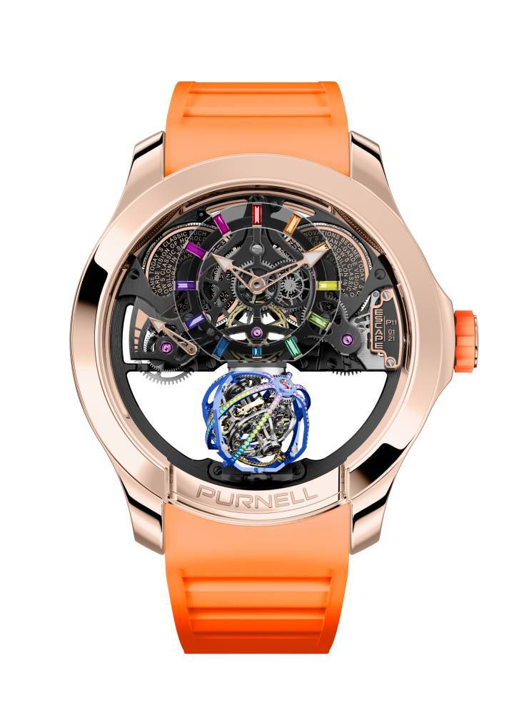 Purnell Escape Primo - Arcoíris de oro rosa de 18 quilates (2022) @WatchGK. Este «spherion» (un tourbillon esférico multieje) está engastado con piedras preciosas. El movimiento fue diseñado en colaboración con el relojero Eric Coudray.