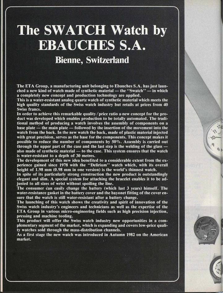 Este artículo, publicado en Noviembre de 1982, fue el primero en Europa Star en detallar el nuevo y radical Swatch.