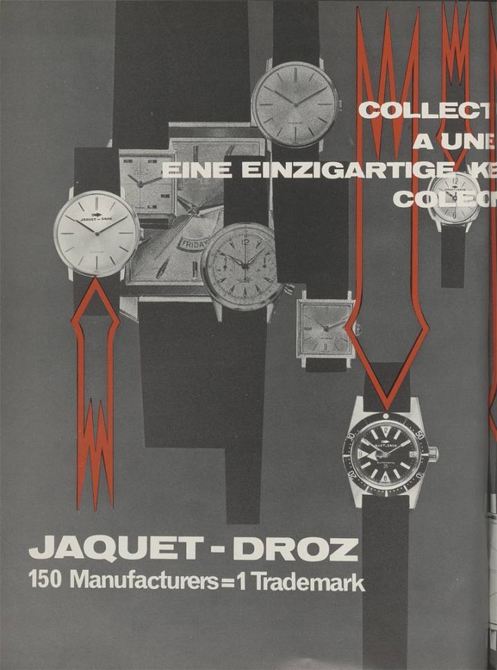 Cuando Jaquet-Droz tenía 1.000 modelos: una pieza de archivo de Europa Star que data de 1965. En ese momento, nada menos que 150 fábricas, unidas bajo la Cooperativa de Fabricantes de Relojes Suizos, comercializaban sus productos bajo el nombre compartido de Jaquet-Droz.