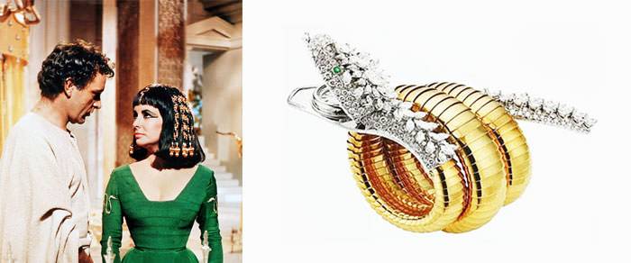 Izquierda: Richard Burton & Elizabeth Taylor en CLEOPATRA - Derecha: El Serpenti Watch llevado por Elizabeth Taylor