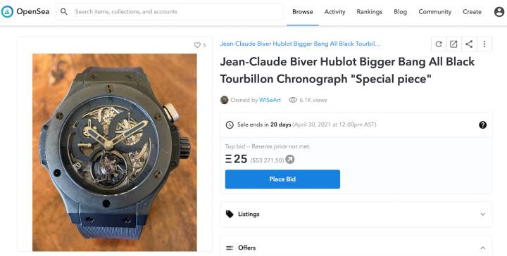 Jean-Claude Biver vendió un duplicado digital de este prototipo de Hublot en una plataforma NFT.