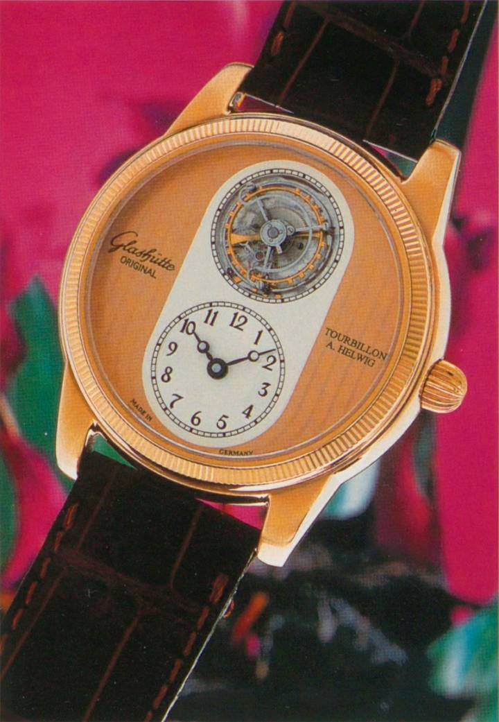 El «renacimiento» del tourbillon volador de Helwig ocurrió tan pronto como se reinició Glashütte Original, como se muestra en esta imagen publicada en Europa Star 4/1996.