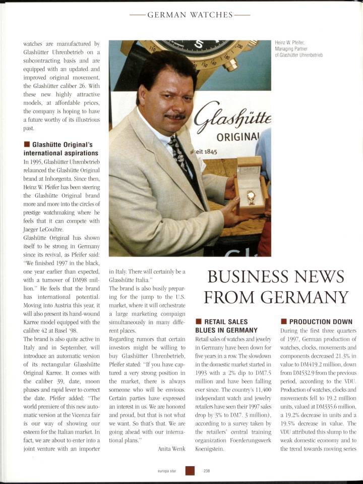 En este artículo de 1998, Europa Star repasa el renacimiento de Union Glashütte, que, junto con Glashütte Original, volvió a surgir tras la caída del Muro de Berlín. Diez años más tarde, las dos marcas se separaron para funcionar de forma independiente.