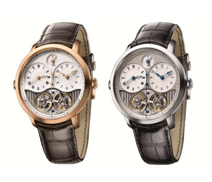 Relojes DBG - Izquierda: caja de oro rosa de 18 quilates, esferas blanco plateado y plateado opalino, diámetro de la caja 44 mm, A&S1209 exclusivo movimiento mecánico Arnold & Son, carga manual © Arnold & Son - Derecha: Caja de acero inoxidable, esferas gris claro y gris opalino, diámetro de la caja 44 mm, A&S1209 exclusivo movimiento mecánico Arnold & Son, carga automática © Arnold & Son