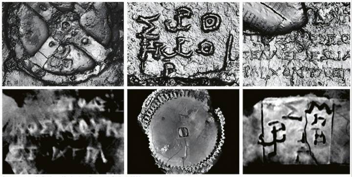 Detalles de los engranajes e inscripciones de los fragmentos del mecanismo de Antikythera escaneados por tomografía