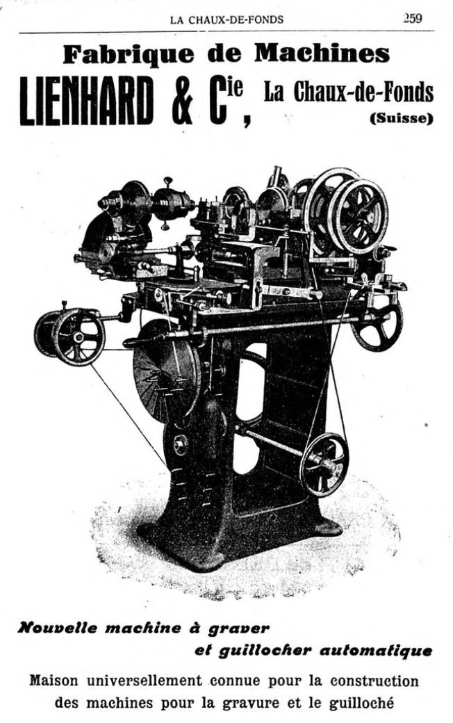 Un anuncio del fabricante de “máquinas guilloché” – motores de rosas – Lienhard & Cie de La Chaux-de-Fonds, publicado en el directorio Indicateur Davoine de 1923