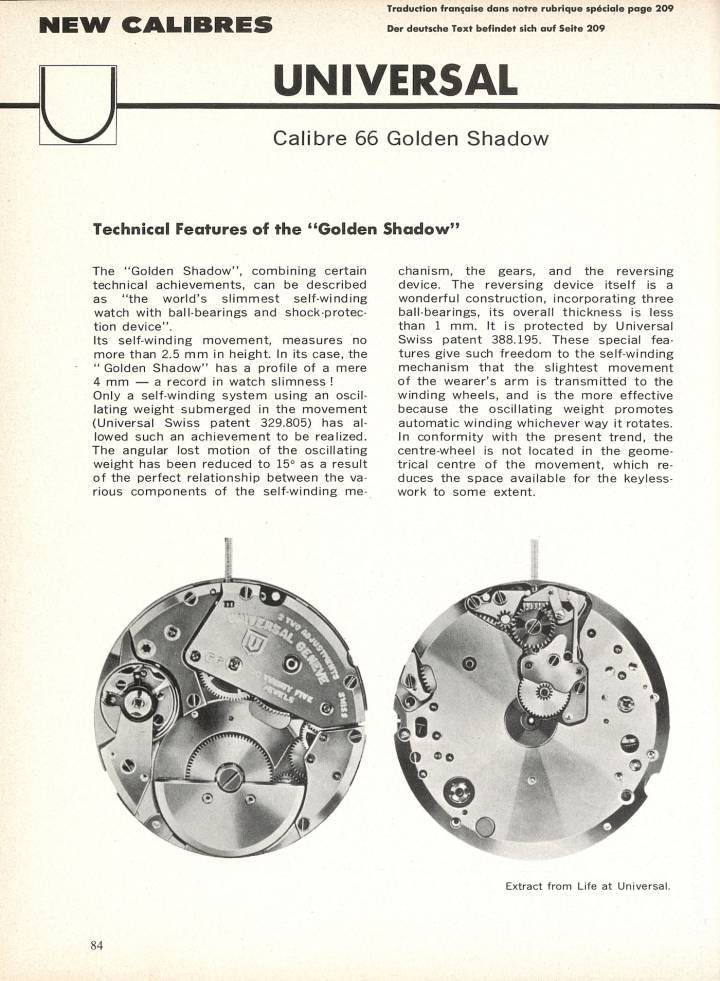 El Universal Genève Golden Shadow, entonces uno de los relojes automáticos más delgados del mundo, presentado en Europa Star en 1966