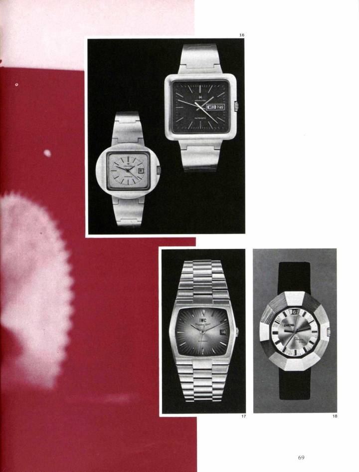 Las formas inusuales fueron populares en la década de 1970, como lo ilustran estos modelos presentados por Hamilton, IWC y Enicar en el salón de Ginebra