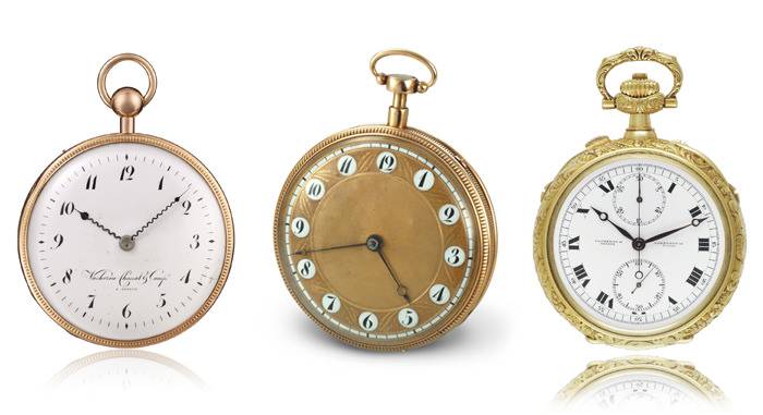 Algunas de las piezas exhibidas - De izquierda a derecha: Reloj de bolsillo, repetidor de cuartos, oro rosa de 18K. Esfera de esmalte blanco, 1816 – Reloj de bolsillo, repetidor misical (campana), oro rosa. Esfera de oro, 1918 – Reloj de bolsillo, grande y petite sonneries, repetidor de cuartos y medios cuartos, cronógrafo contador de 30 minutos, oro amarillo de 20K. Esfera de esmalte blanco. Esta pieza es un pedido especial del famoso Coleccionista Americano James Ward Packard.