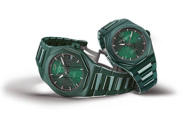 El nuevo Girard-Perregaux Laureato Green Ceramic Aston Martin Edition conserva los códigos del primer Laureato lanzado en 1975, pero utiliza una ultramoderna cerámica verde para el brazalete y la caja (42 mm y 38 mm).