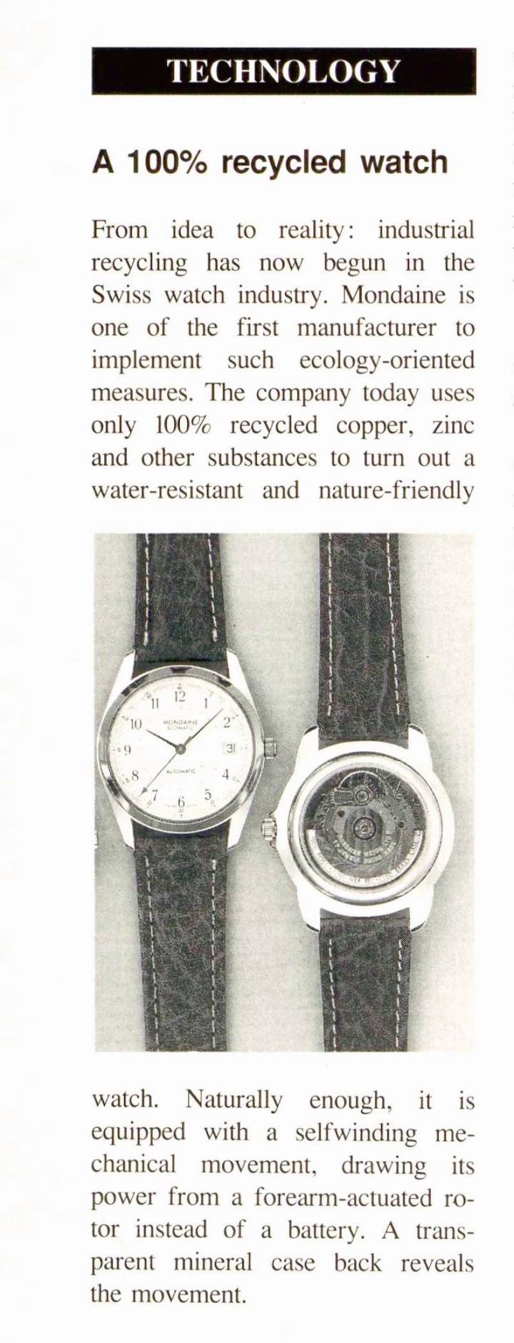 Un artículo de 1992 en Europa Star sobre el reloj reciclado de Mondaine, en un momento en que el tema no era una preocupación generalizada.