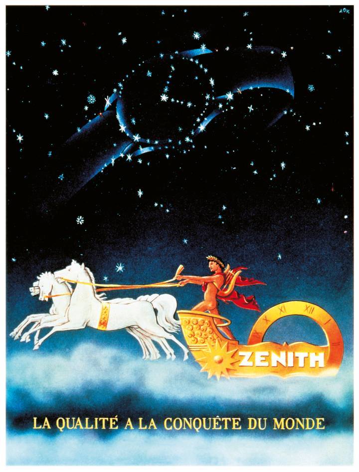 1948: Una constelación formada por un reloj ilumina a Apolo y al carro del Sol atravesando la bóveda celeste. Se trata de un ejemplo de las sofisticadas ilustraciones que caracterizan algunos de los anuncios publicitarios más llamativos de la posguerra (Zenith).