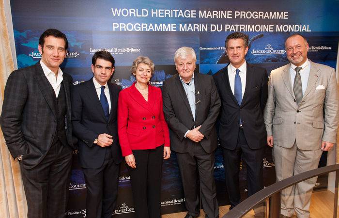 Clive Owen, amigo de Jaeger-LeCoutlre, Jérôme Lambert, CEO de Jaeger-LeCoultre, Irina Bokova, Directora General de la UNESCO; el director de cine Francés Jacques Perrin; Stephen Dunbar-Johnson, Presidente del International Herald Tribune y Nic Vandermarliere, Representante de Flanders para la UNESCO