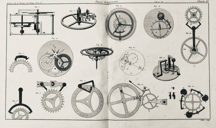 En 1802, el relojero Ferdinand Berthoud publicó su «Histoire de la mesure du temps», un compendio ricamente ilustrado del conocimiento relojero de la época. En estas páginas, Berthoud muestra cómo funcionan los “diferentes escapes”. El lector curioso puede intentar reconocer los diferentes tipos tomando como referencia el libro de Olivier Laesser. Por ejemplo, el escape de corona (fig. 1), el escape cilíndrico de George Graham (fig. 2) y el escape adosado de impulso directo de Le Roy-Robin (fig. 13).