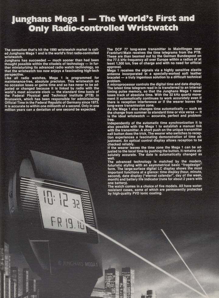 Mega 1, el primer reloj de pulsera controlado por radio, fue noticia en Europa Star cuando Junghans lo presentó en 1990.