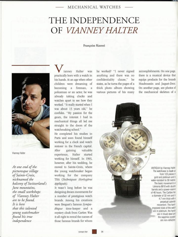 Un artículo sobre Vianney Halter en Europa Star en 1999