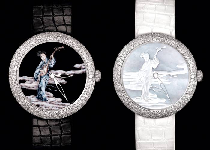 Arriba: Juego de dos relojes Mademoiselle Privé Coromandel, vendidos en pareja. Caja de oro blanco de 18 quilates y engaste nevado de diamantes. Miniaturas de esmalte 'Grand Feu' en la esfera de oro de 18 quilates mediante la técnica de Ginebra y madreperla tallada. Movimientos mecánicos automáticos. Reserva de marcha de 42 horas. Correa de Alligator mississippiensis con cierre desplegable engastado de diamantes. Diámetro: 37,5 mm. Piezas únicas realizadas en Suiza.
