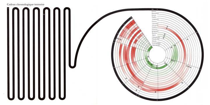 “Este dial cronológico del desarrollo de la Tierra es un intento de ilustrar las proporciones en el tiempo. Cada milímetro de la línea guía corresponde a un millón de años. Los colores muestran el desarrollo evolutivo de 18 grupos de animales y plantas”.