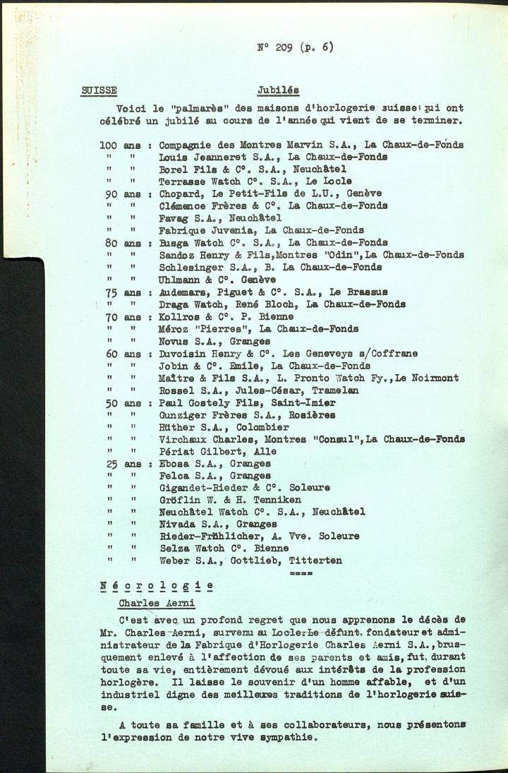 Una referencia al 90 aniversario de Chopard en el Bulletin d'Informations, publicado por Europa Star en 1950. La marca, ya con sede en Ginebra, era todavía pequeña. ¡Otros aniversarios destacados son los de Audemars Piguet (75) y Nivada (25)!
