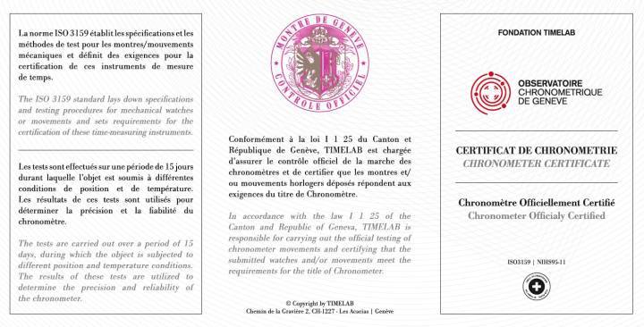 Ejemplo de certificado emitido por el Observatorio de Cronometría de Ginebra