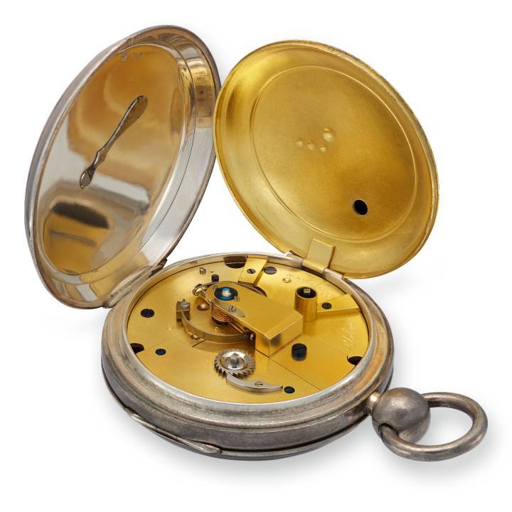 Urban Jürgensen Chronometer 649/35, escape de cronómetro tipo Earnshaw, volante de compensación bimetálico con dos pesas en forma de cuña y dos tornillos Mean Time. Piedras de punta de diamante. Espiral cilíndrica dorada.