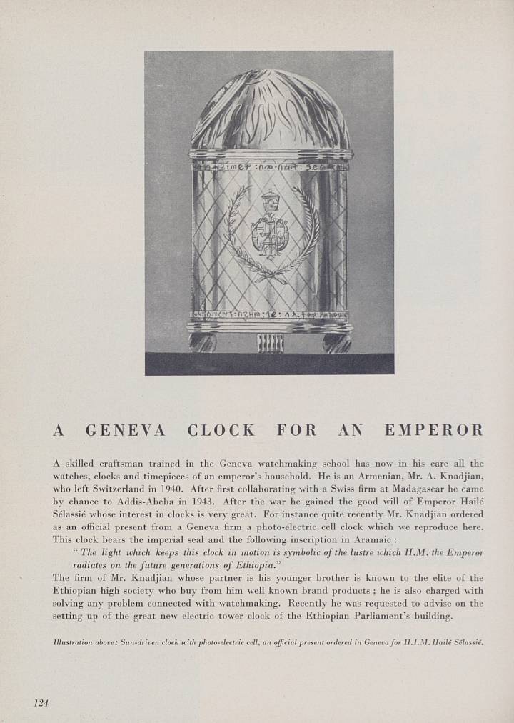 Una historia sobre el padre de Vartkess Knadjian, maestro relojero del Emperador de Etiopía, publicada en Europa Star en 1957.
