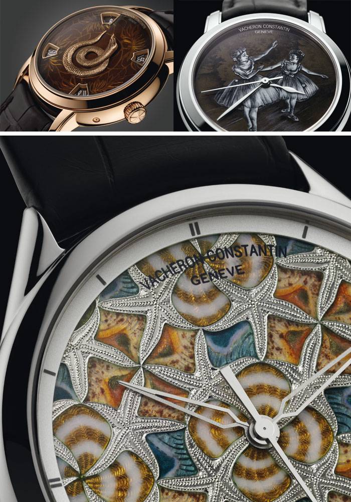 Arriba a la izquierda: colección La Légende du Zodiaque Chinois - Arriba a la derecha : Hommage à l'Art de la Danse - colección Dance Class - Encima:Reloj de la colección Infinite Universe