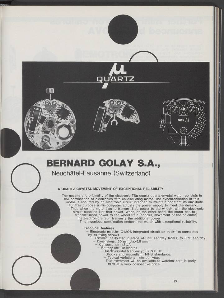Más tarde, Bernard Golay SA desarrolló un movimiento de cuarzo económico de 32 KHz que utilizaba un volante oscilante en lugar de un motor de vibración.