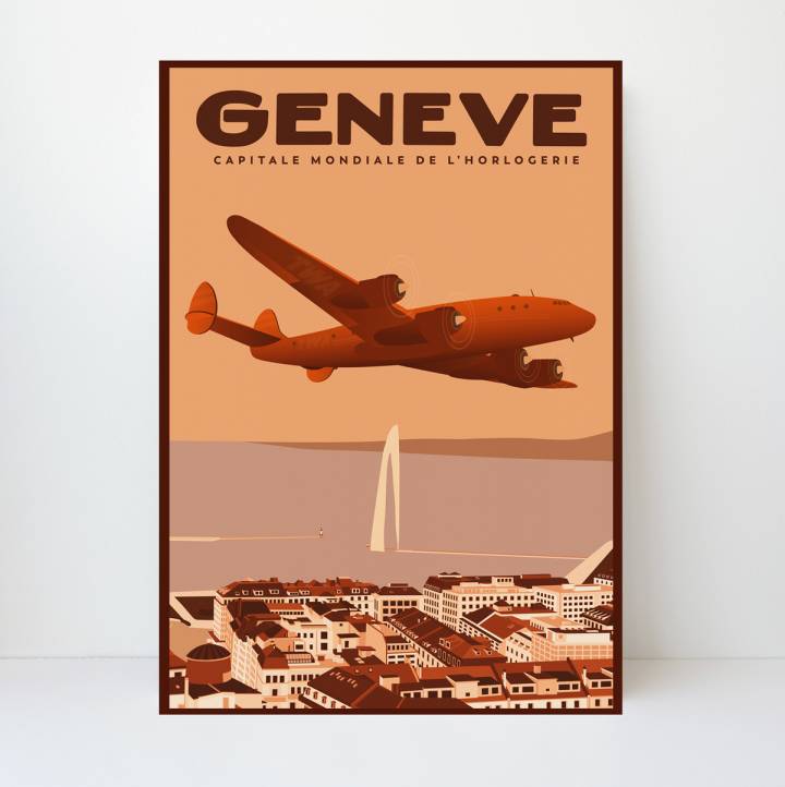 Ginebra, TWA Lockheed Constellation: esta obra de arte fue creada especialmente para la boutique Bucherer en Rue du Rhône y es característica de la colección del Atelier WOCS, con sus dos representaciones profundamente históricas del turismo y la aviación: la Rade de Genève y el Jet d'Eau. por un lado, y la Lockheed Constellation por el otro. Verdaderamente un ícono, el Constellation marca el apogeo de los aviones propulsados por hélice, justo antes de la llegada de los motores a reacción. Fue el primer avión de producción con cabina presurizada, lo que le permitía ganar gran altura para volar más rápido y, sobre todo, por encima de las nubes, evitando así el mal tiempo y sus peligros. El contorno distintivo del fuselaje de triple cola y forma de delfín del Constellation confirmó su estatus legendario. Aquí vemos una constelación de TWA sobre Ginebra: un destino servido por TWA a finales de los años 1940.