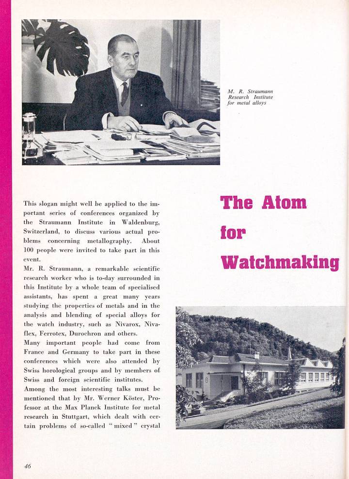 El Instituto Straumann se compara con Los Álamos de Oppenheimer en este artículo de 1958 del Eastern Jeweler de Europa Star.