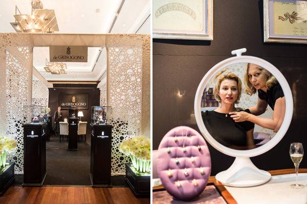 Stand de De Grisogono - Izquierda: Un invitado visitando Fabergé jewellery