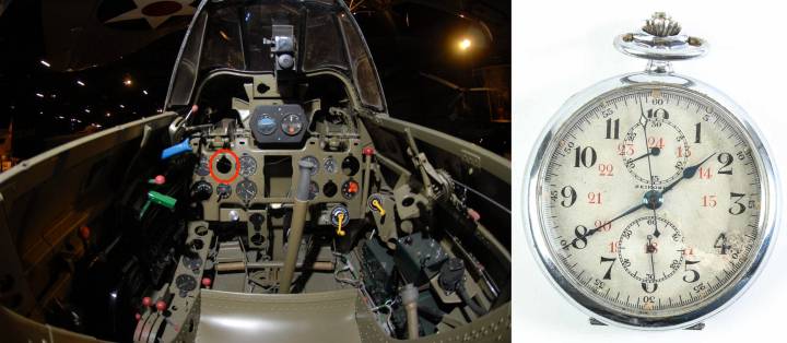 La cabina del Zero cockpit mostrando una pequeña apertura para fijar un reloj cronógrafo de bolsillo similar a este