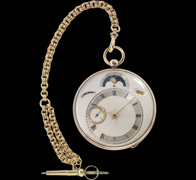  Breguet No. 3833, vendido el 12 de mayo de 1823. Caja de oro, esfera plateada descentrada con ventanillas para la fecha y las fases lunares, segundero pequeño descentrado, escape de áncora.