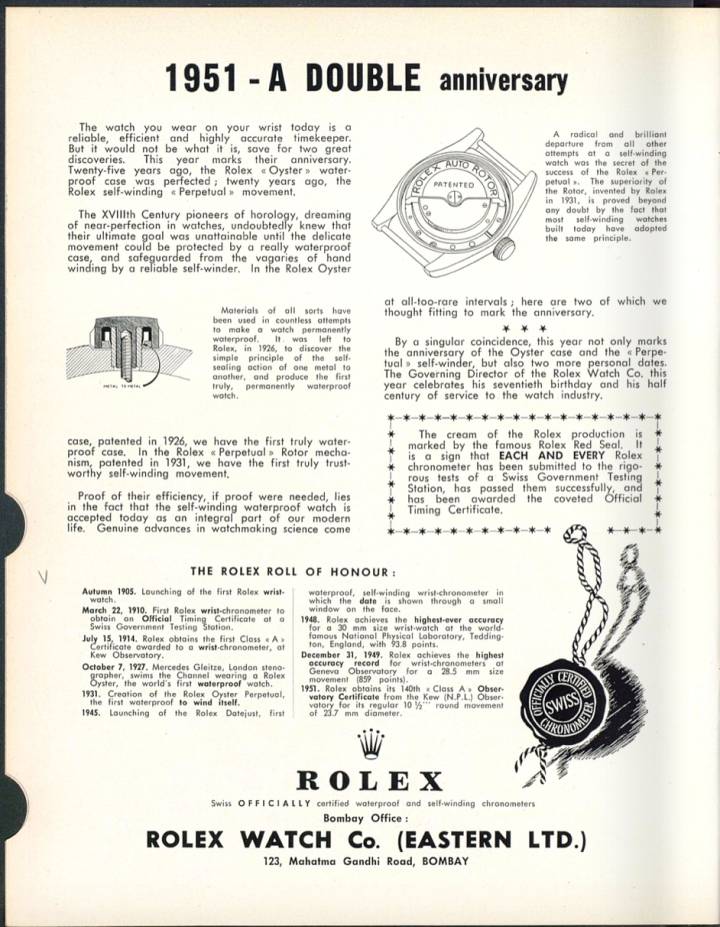 1951: el 25 aniversario de la caja Oyster y el 20 aniversario del movimiento automático Rolex Perpetual en una edición de Europa Star.