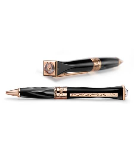 Boligrafo Jaquet Droz en oro rosa con motivos florales grabados y pájaro appliqué
